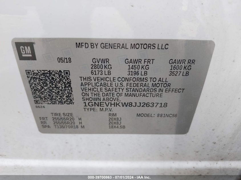 2018 Chevrolet Traverse 3Lt VIN: 1GNEVHKW8JJ263718 Lot: 39700863