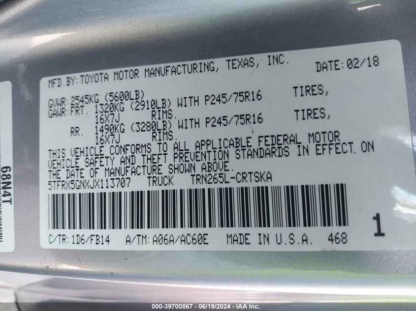 2018 TOYOTA TACOMA SR - 5TFRX5GNXJX113707