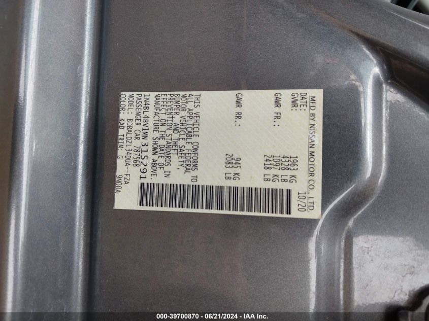 2021 Nissan Altima S VIN: 1N4BL4BV1MN315291 Lot: 39700870