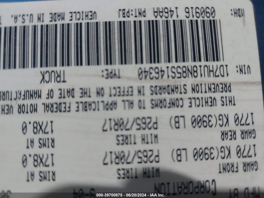 2005 Dodge Ram 1500 St/Slt VIN: 1D7HU18N85S146340 Lot: 39700875
