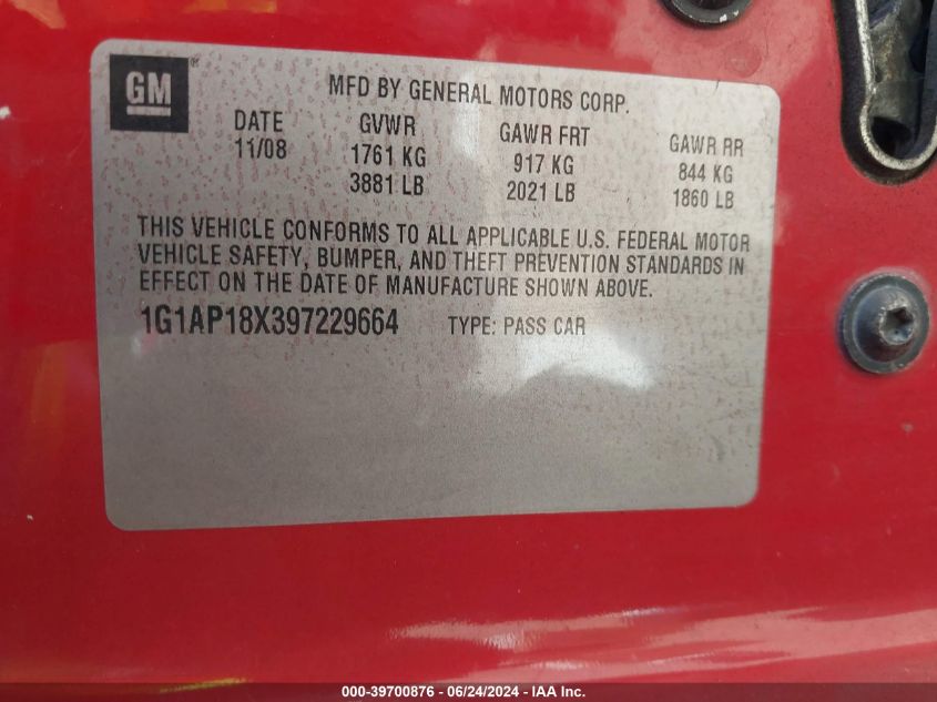 2009 Chevrolet Cobalt Ss VIN: 1G1AP18X397229664 Lot: 39700876