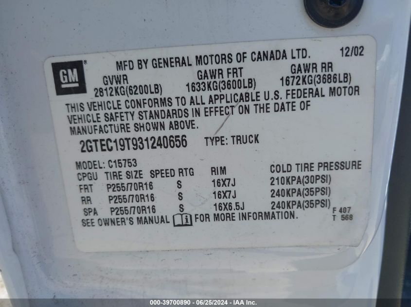 2003 GMC Sierra 1500 Sle VIN: 2GTEC19T931240656 Lot: 39700890