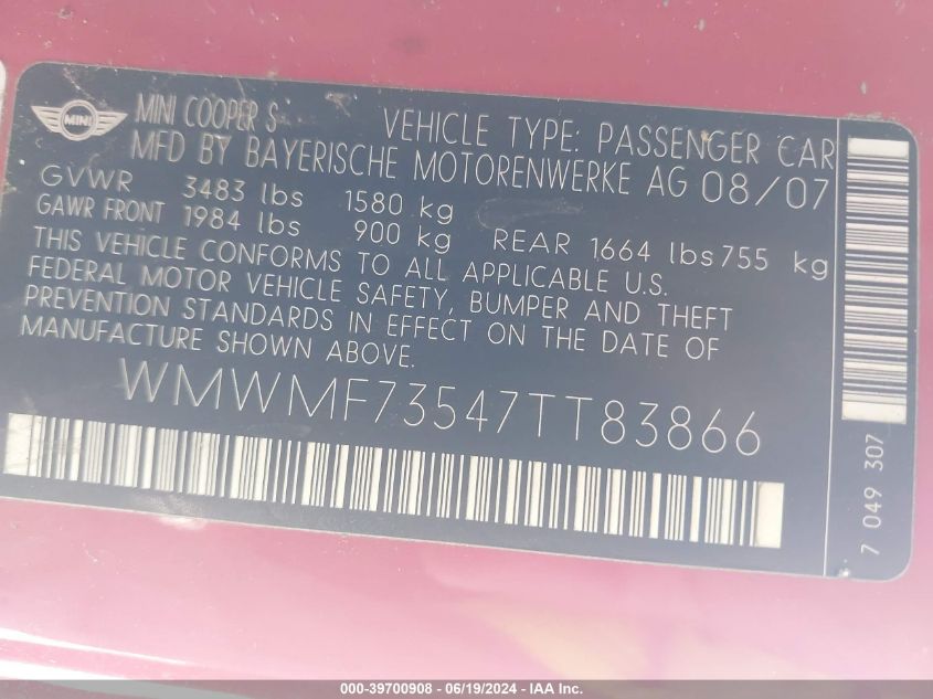 2007 Mini Cooper S VIN: WMWMF73547TT83866 Lot: 39700908