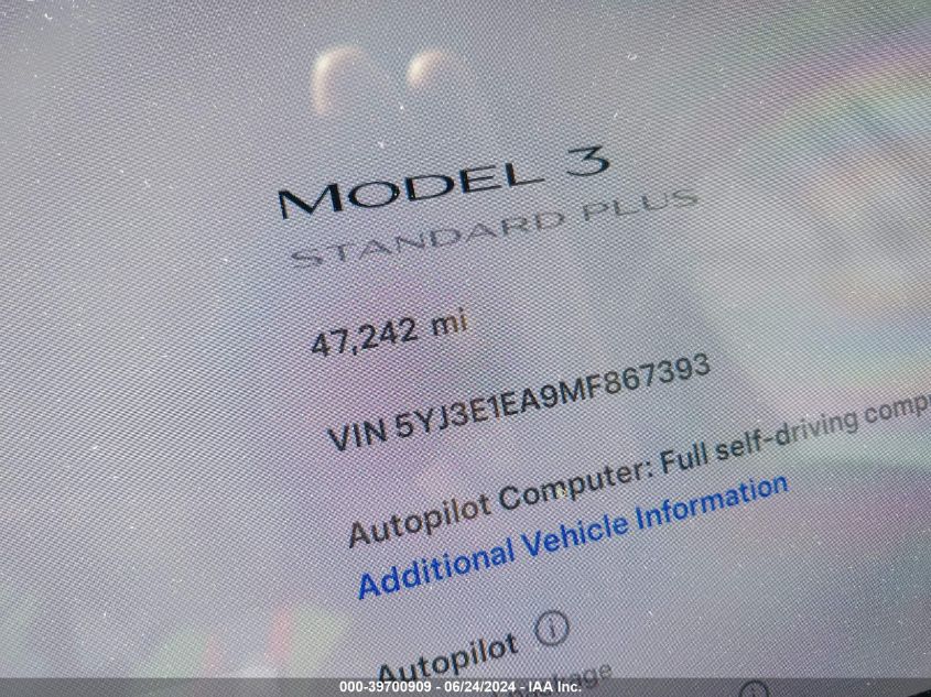 2021 Tesla Model 3 Standard Range Plus Rear-Wheel Drive VIN: 5YJ3E1EA9MF867393 Lot: 39700909