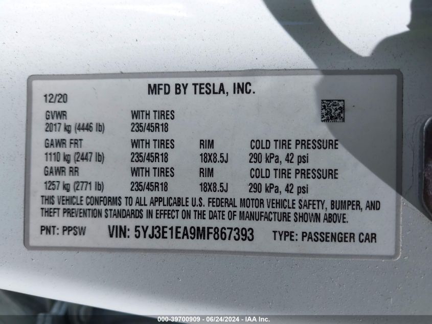 2021 Tesla Model 3 Standard Range Plus Rear-Wheel Drive VIN: 5YJ3E1EA9MF867393 Lot: 39700909