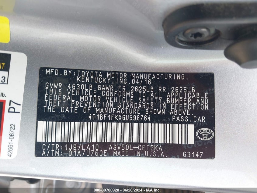 2016 Toyota Camry Xle VIN: 4T1BF1FKXGU598764 Lot: 39700920