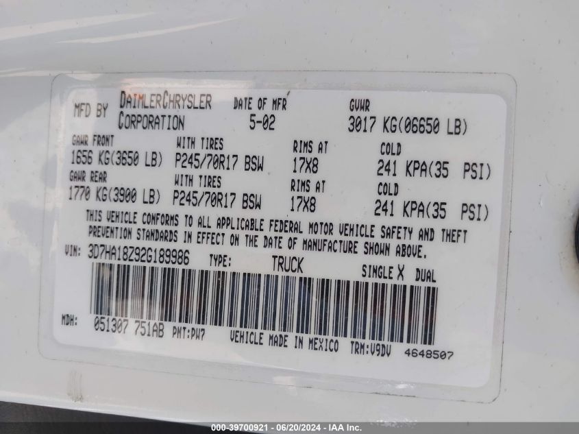 2002 Dodge Ram 1500 VIN: 3D7HA18Z92G189986 Lot: 39700921