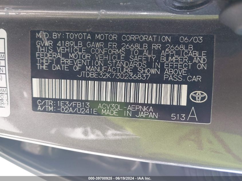 2003 Toyota Camry Le VIN: JTDBE32K730236837 Lot: 39700925