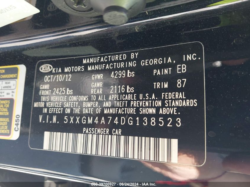 2013 Kia Optima Lx VIN: 5XXGM4A74DG138523 Lot: 39700927