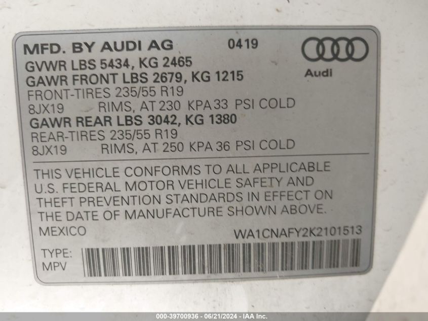 2019 Audi Q5 45 Premium VIN: WA1CNAFY2K2101513 Lot: 39700936