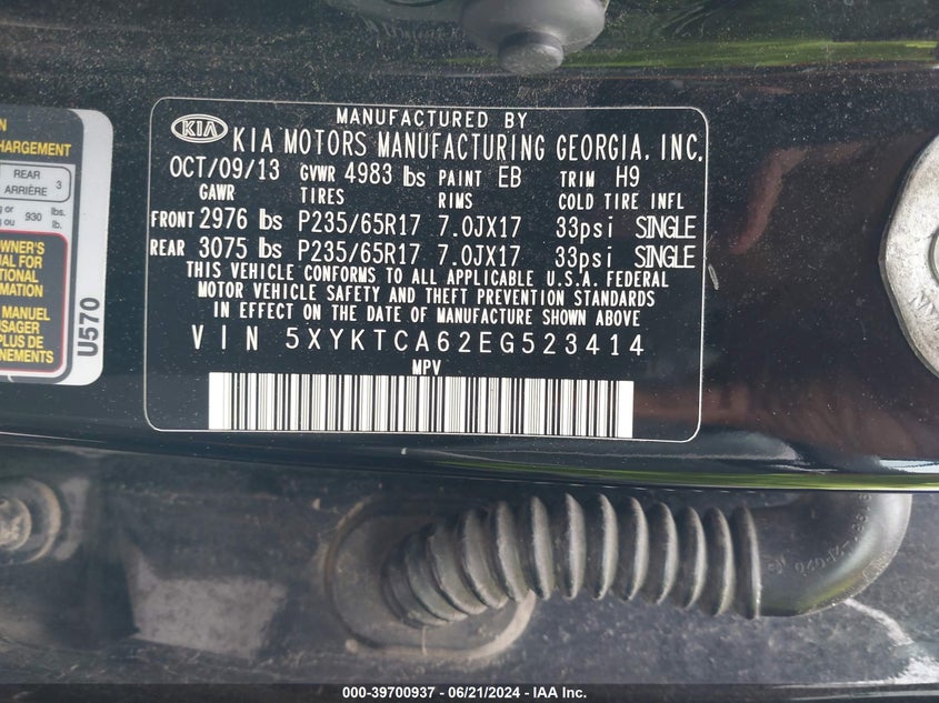 2014 Kia Sorento Lx VIN: 5XYKTCA62EG523414 Lot: 39700937