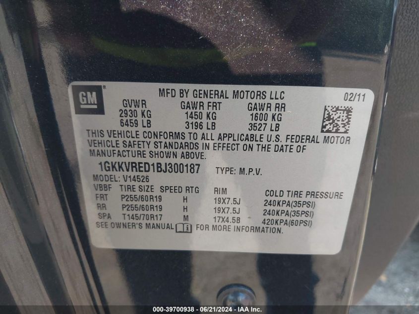 2011 GMC Acadia Slt-1 VIN: 1GKKVRED1BJ300187 Lot: 39700938