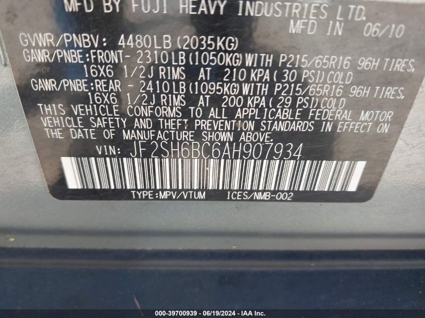 2010 Subaru Forester 2.5X VIN: JF2SH6BC6AH907934 Lot: 39700939
