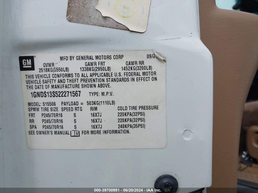 2002 Chevrolet Trailblazer Lt VIN: 1GNDS13S522271567 Lot: 39700951