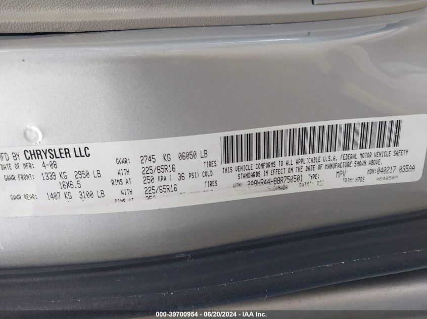 2008 Chrysler Town & Country Lx VIN: 2A8HR44H88R750501 Lot: 39700954