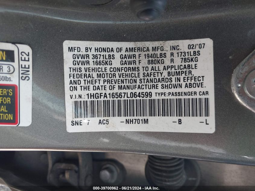 2007 Honda Civic Lx VIN: 1HGFA16567L064599 Lot: 39700962