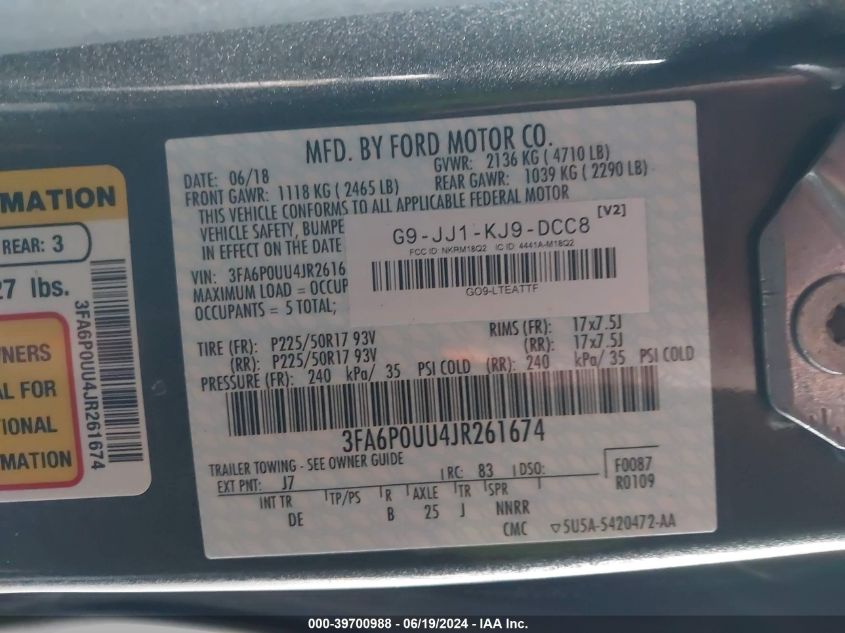 2018 Ford Fusion S Hybrid VIN: 3FA6P0UU4JR261674 Lot: 39700988