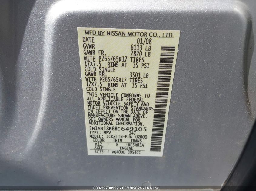 2008 Nissan Pathfinder Se VIN: 5N1AR18B88C649105 Lot: 39700992