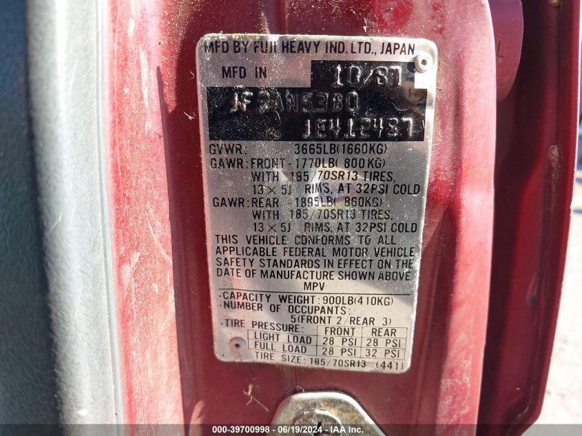 1988 Subaru Gl 4Wd VIN: JF2AN53B0JE412487 Lot: 39700998