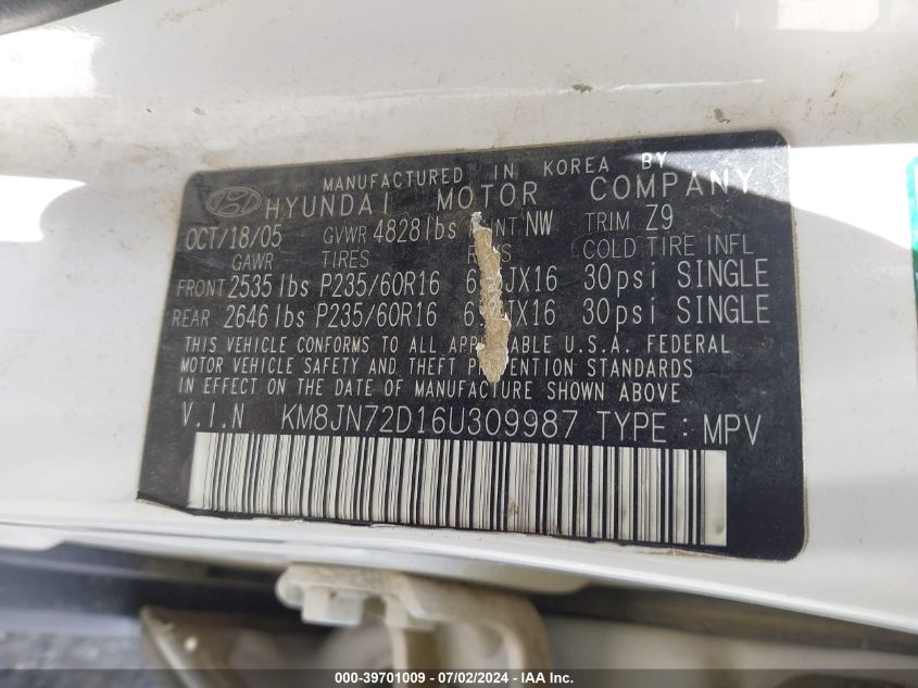 2006 Hyundai Tucson Gls/Limited VIN: KM8JN72D16U309987 Lot: 39701009