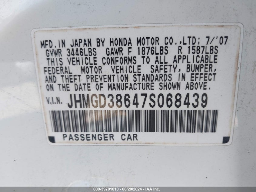2007 Honda Fit Sport VIN: JHMGD38647S068439 Lot: 39701010