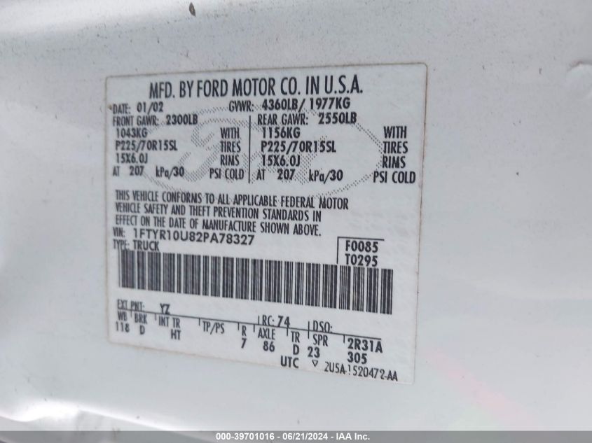 2002 Ford Ranger VIN: 1FTYR10U82PA78327 Lot: 39701016