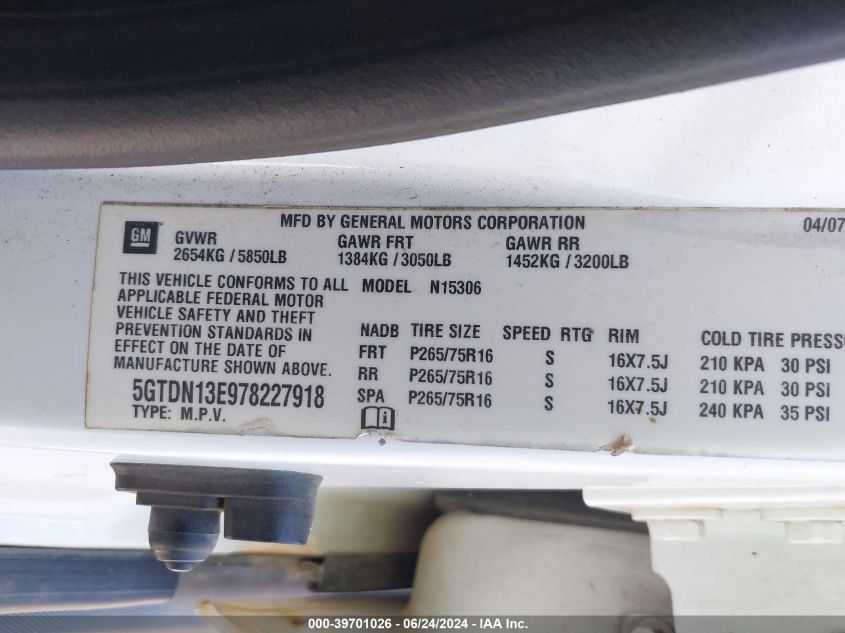 2007 Hummer H3 Suv VIN: 5GTDN13E978227918 Lot: 39701026