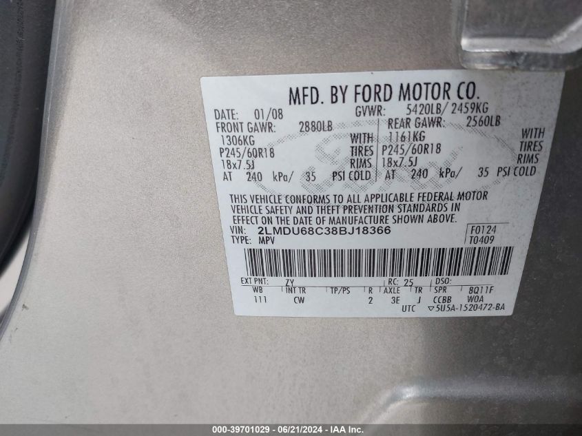 2008 Lincoln Mkx VIN: 2LMDU68C38BJ18366 Lot: 39701029