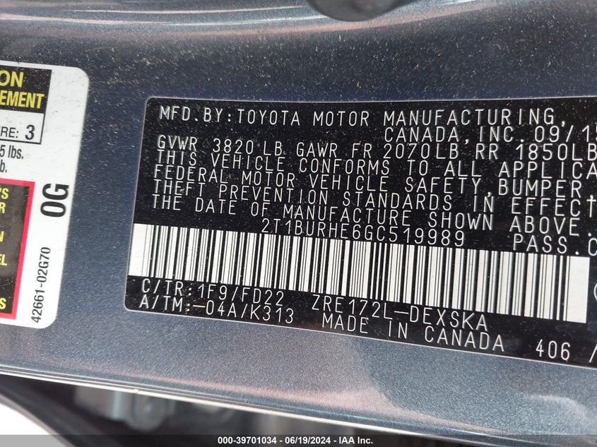 2016 Toyota Corolla S VIN: 2T1BURHE6GC519989 Lot: 39701034