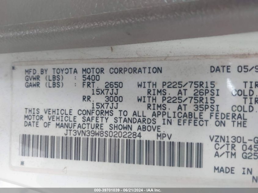 1995 Toyota 4Runner Vn39 Sr5 VIN: JT3VN39W8S0202284 Lot: 39701039