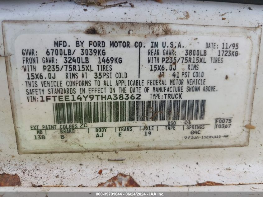 1996 Ford Econoline E150 Van VIN: 1FTEE14Y9THA38362 Lot: 39701044