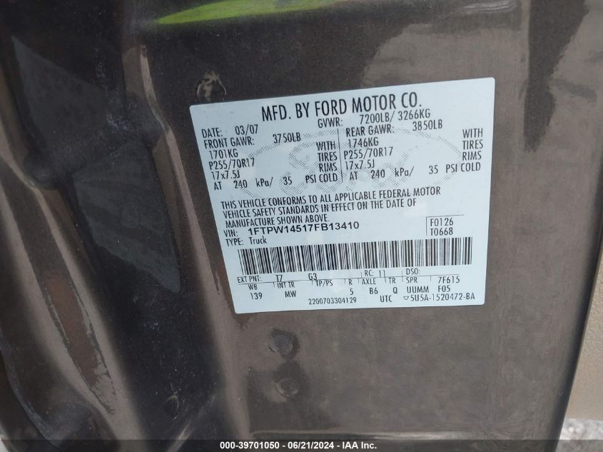 2007 Ford F-150 Fx4/Lariat/Xlt VIN: 1FTPW14517FB13410 Lot: 39701050