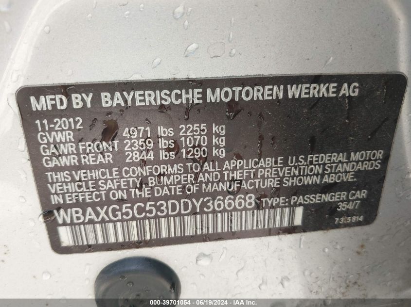 2013 BMW 528I VIN: WBAXG5C53DDY36668 Lot: 39701054
