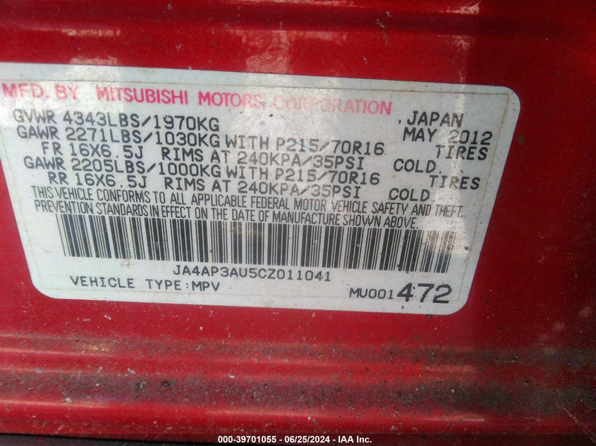 2012 Mitsubishi Outlander Sport Es VIN: JA4AP3AU5CZ011041 Lot: 39701055