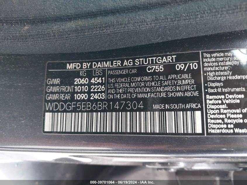 2011 Mercedes-Benz C 300 Luxury/Sport VIN: WDDGF5EB6BR147304 Lot: 39701064