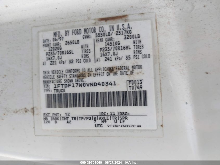 1997 Ford F-150 Lariat/Standard/Xl/Xlt VIN: 1FTDF17W0VND40341 Lot: 39701069