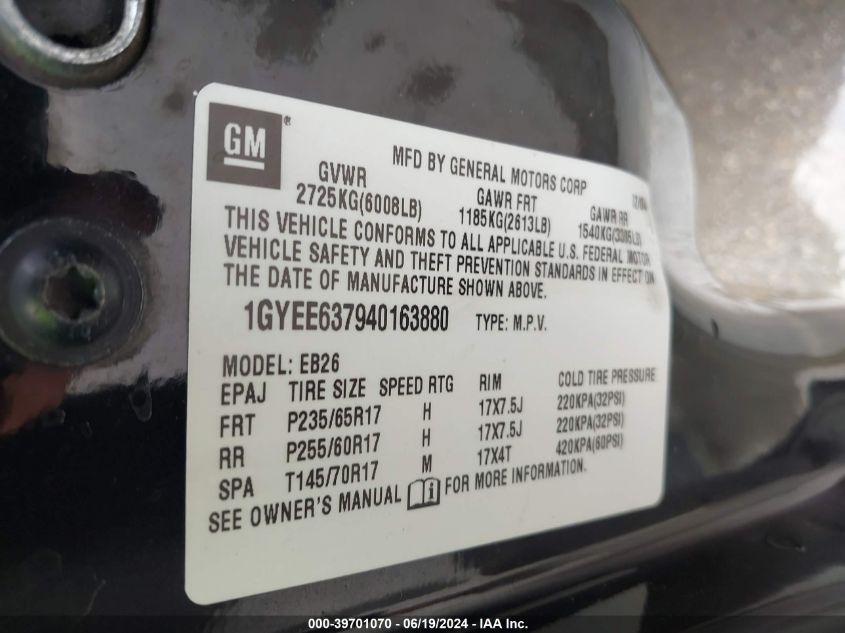 2004 Cadillac Srx Standard VIN: 1GYEE637940163880 Lot: 39701070