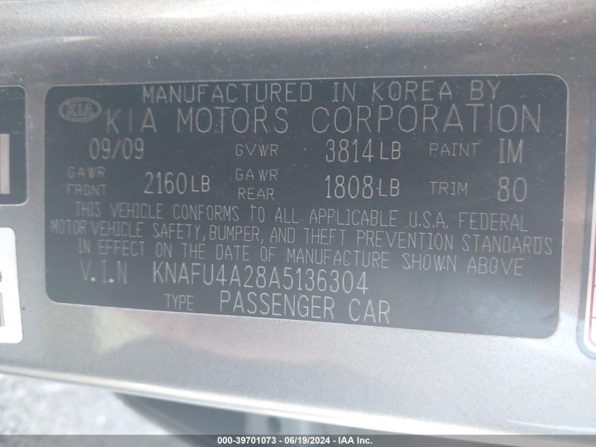 2010 Kia Forte Ex VIN: KNAFU4A28A5136304 Lot: 39701073