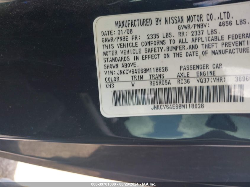 2008 Infiniti G37 Journey VIN: JNKCV64E68M118628 Lot: 39701080