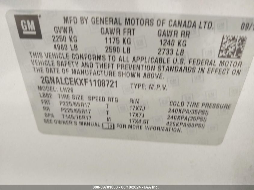 2015 Chevrolet Equinox 2Lt VIN: 2GNALCEKXF1108721 Lot: 39701088