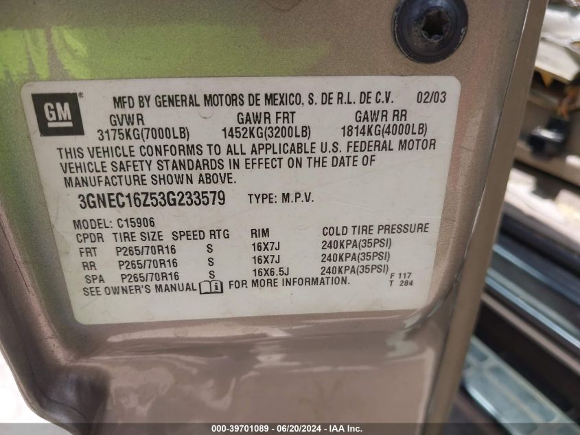2003 Chevrolet Suburban 1500 Lt VIN: 3GNEC16Z53G233579 Lot: 39701089