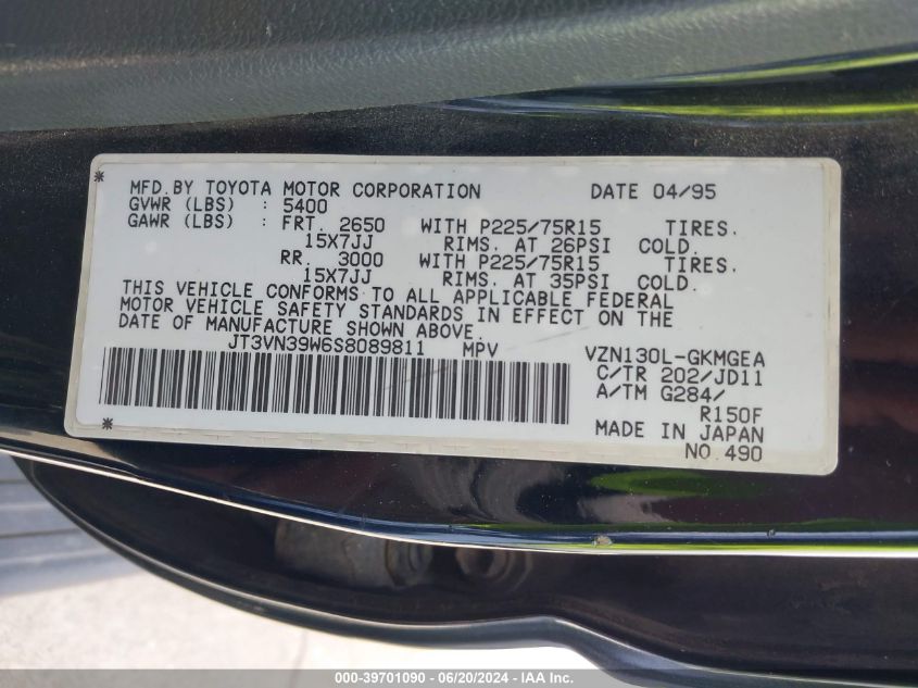 1995 Toyota 4Runner Vn39 Sr5 VIN: JT3VN39W6S8089811 Lot: 39701090