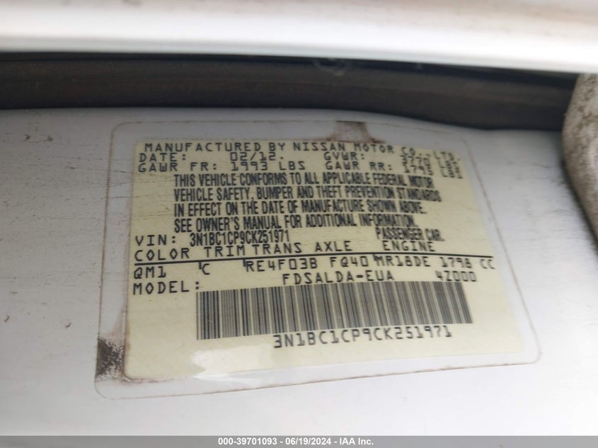 2012 Nissan Versa 1.8 S VIN: 3N1BC1CP9CK251971 Lot: 39701093