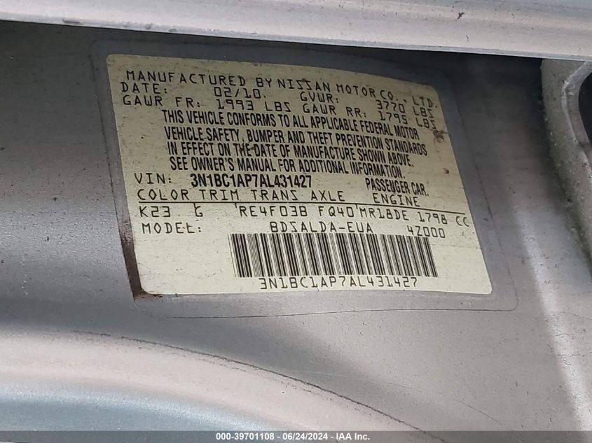 2010 Nissan Versa 1.8S VIN: 3N1BC1AP7AL431427 Lot: 39701108