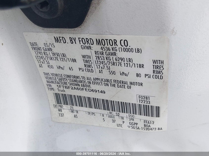 2015 Ford F-250 Xl VIN: 1FTBF2A60FED69149 Lot: 39701116