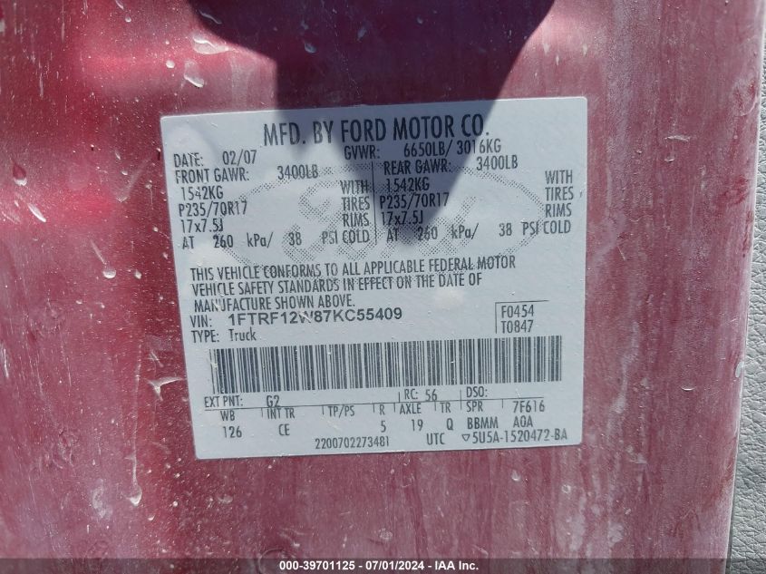 2007 Ford F-150 Stx/Xl/Xlt VIN: 1FTRF12W87KC55409 Lot: 39701125