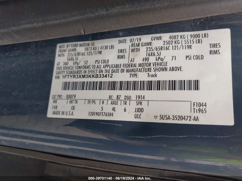 2019 Ford Transit-250 VIN: 1FTYR3XM3KKB33412 Lot: 39701140