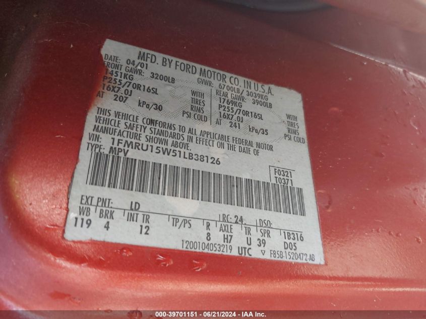 2001 Ford Expedition Xlt VIN: 1FMRU15W51LB38126 Lot: 39701151