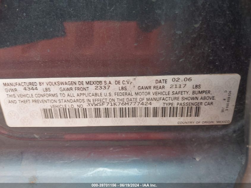2006 Volkswagen Jetta 2.5 VIN: 3VWSF71K76M777424 Lot: 39701156