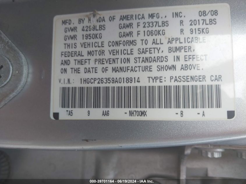 2009 Honda Accord 2.4 Lx VIN: 1HGCP26359A018914 Lot: 39701164